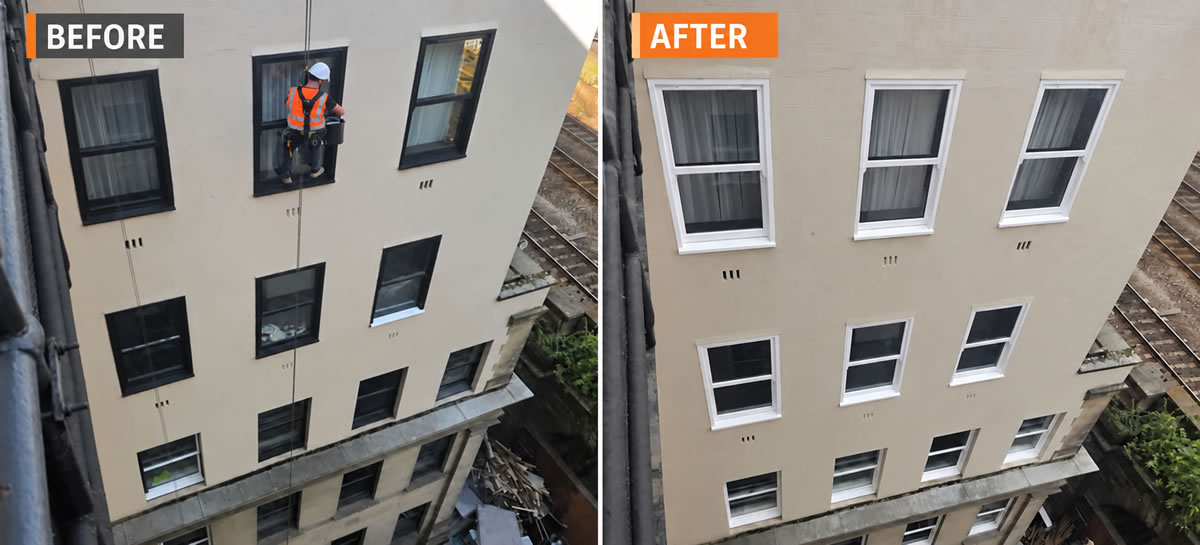 Before and after window frame restoration in Newcastle, showing white frames repainted with a dark finish by rope access